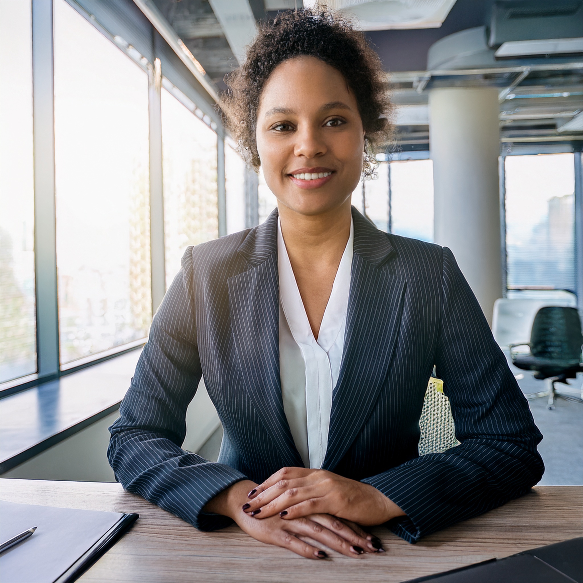 Frau mit mittellangem braunem Haar, lächelnd, in einem modernen Büro